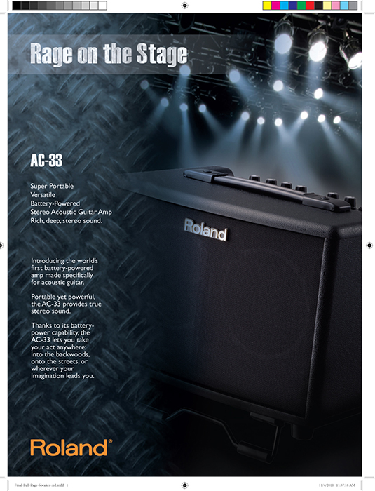 Roland Speaker Magazine Ad - Hustling for work, I mocked up a page for a magazine ad for a Roland Speaker. I used Adobe Photoshop.